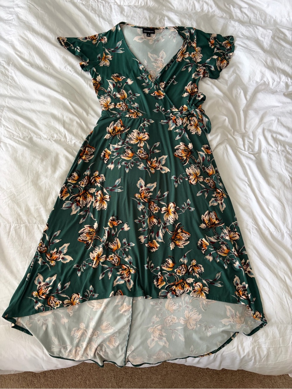 Green Floral Wrap-Style Midi Dress